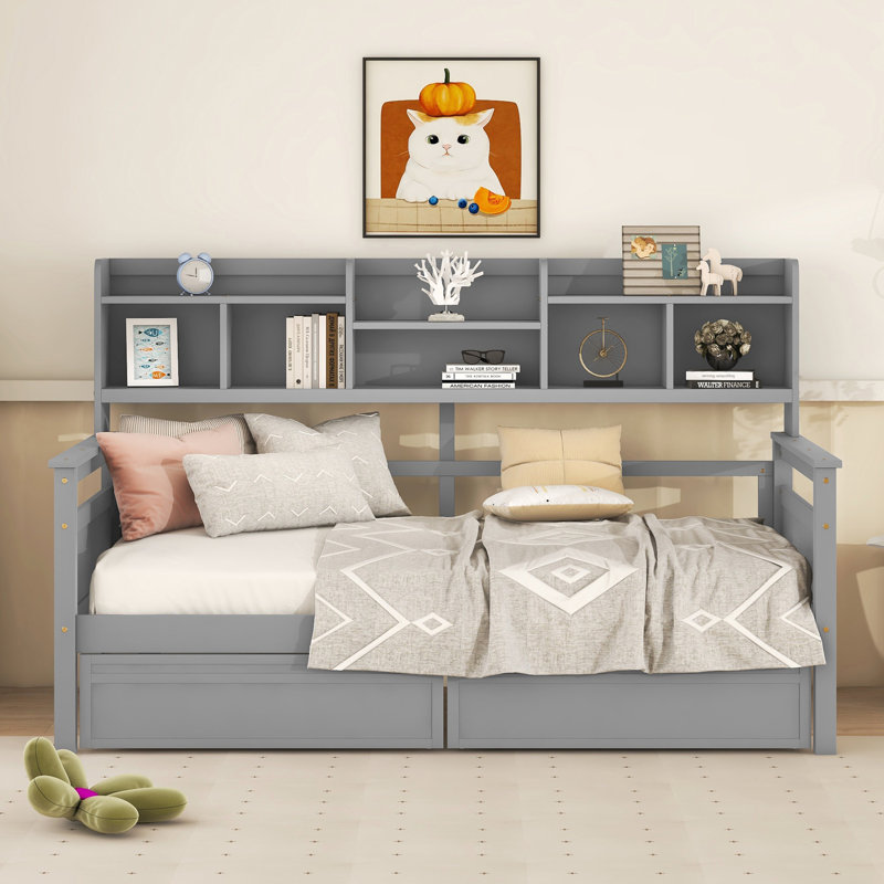 Lit de jour, support en lattes de bois, avec tablette de chevet et deux tiroirs, Lit simple, Gris