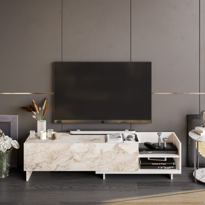 Modern TV Stand with Marble Design, White Color, 64.6 x 13.8 x 16.1 inches | 100% Melamine Coated Particle Board, Thickness: 0.7 inches | Sleek, Stylish, and Functional for Living Rooms & Entertainment Spaces