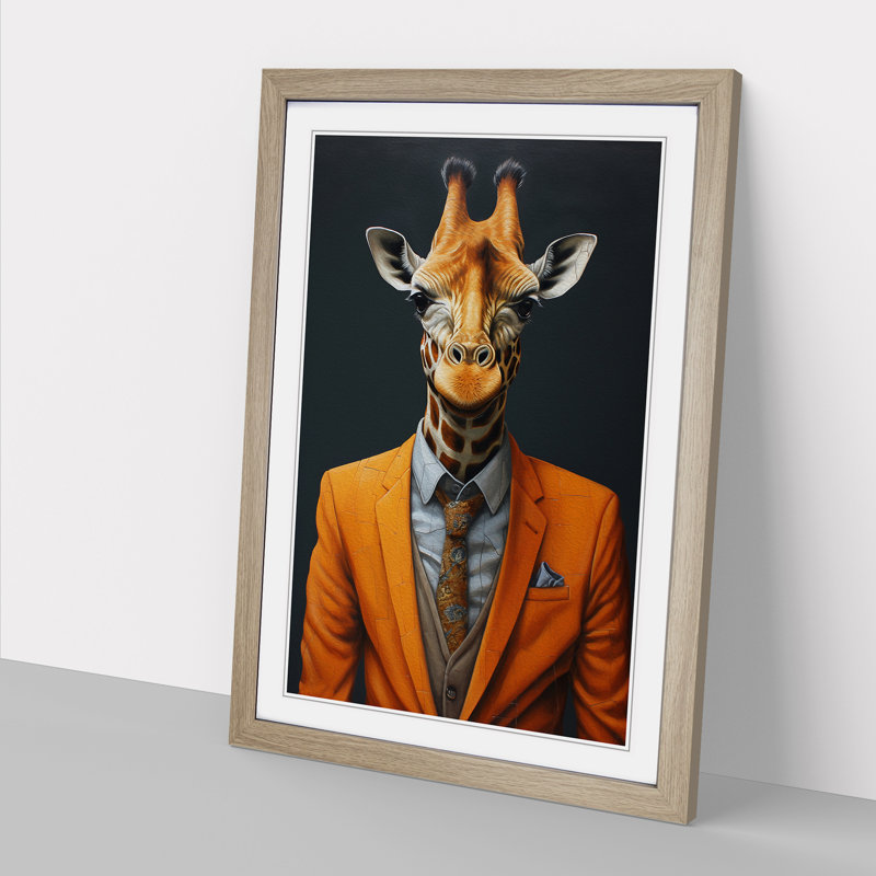 Giraffe In A Suit Painting - Single Picture Frame Print on Wood, Oak, 34cm H x 25cm W x 2cm D
