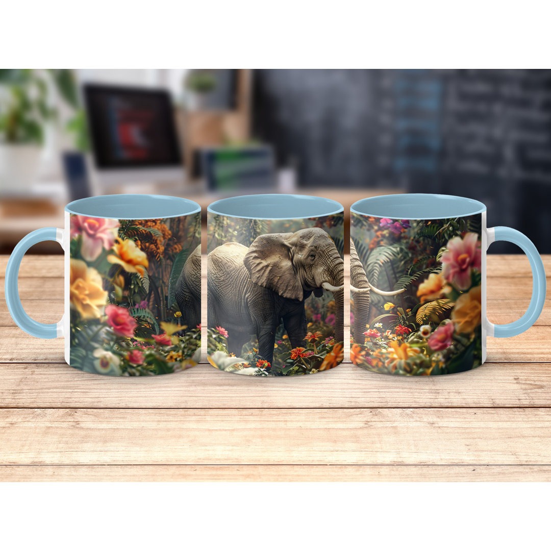 Set of 4 Animal Design 11oz Accent Mugs – Ceramic Coffee Cups with a Light Blue Handle and Interior