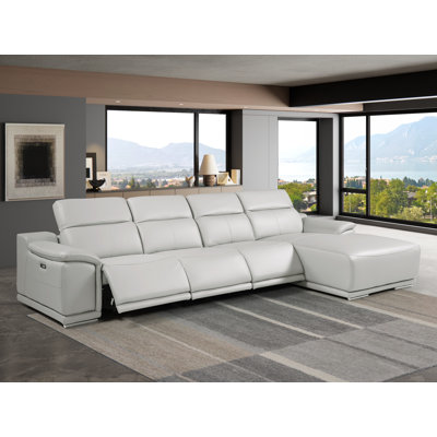 Canapé modulaire en L en cuir véritable 4 pièces faisant face à droite gris clair avec 3 fauteuils inclinables électriques et appuis-tête réglables