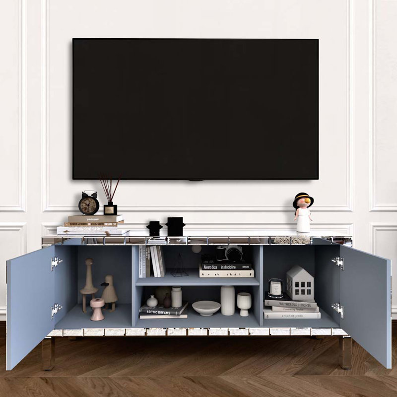 Alan Mirrored TV Stand with Crushed Diamond Doors & Adjustable Shelves