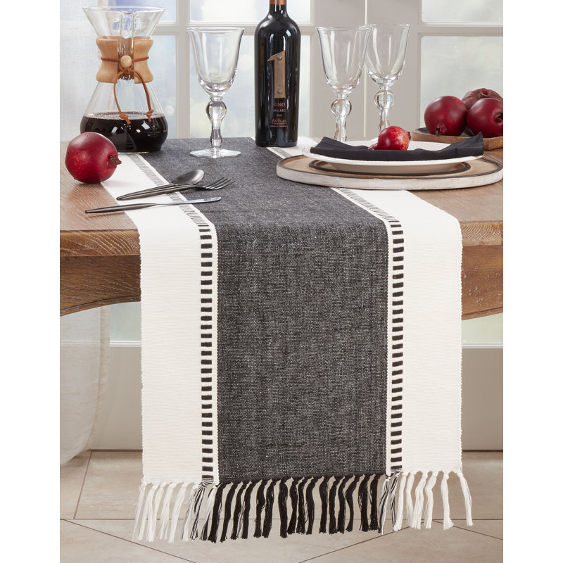 Striped Cotton Table Runner with Tassel Fringe – Woven Neutral Table Décor for Modern, Farmhouse, Boho & Coastal Homes, Black
