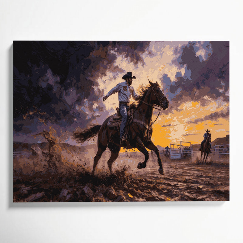 Art mural sur toile, "Southwestern Cowboy Rodeo Scene 84", H 12 po x l 18 po