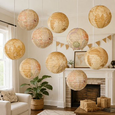 12 Travel-Themed 8-Inch Round Hanging Paper Lanterns for Holiday Parties and Indoor or Outdoor Decorations