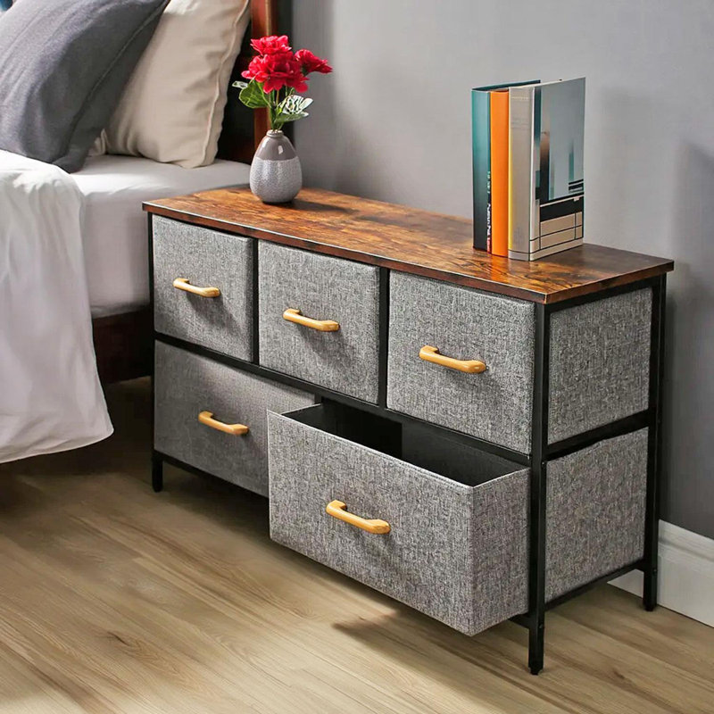 Metal 100cm W Chest of Drawers, Yellow/Brown/Grey
