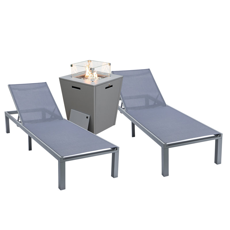 Dueitt Outdoor Aluminum Chaise Lounge Chair with Fire Pit Side Table, Dark Gray, Gray