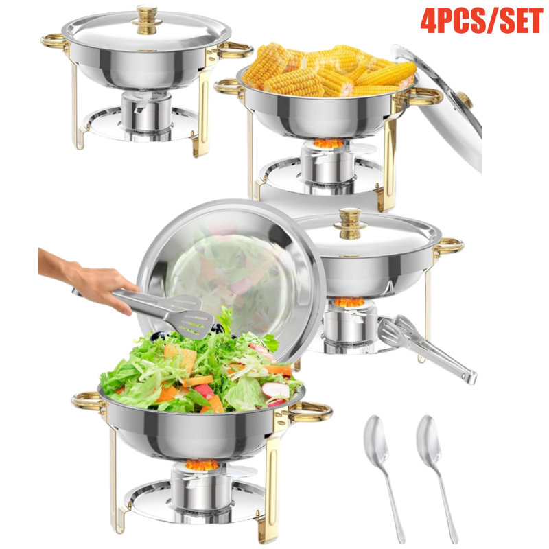 4Pcs Chafing Dish For Buffet 5Qt Round Stainless Steel Chafers Food Warmer W/ Lid Holder Spoon Tweezer