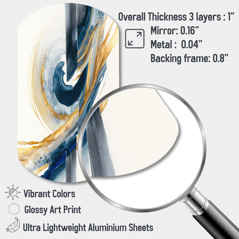 Blue And Gold Swirl Abstract V - Abstract Spirals Asymmetrical Metal Wall Decor, Modern Cylinder Metal Art Print