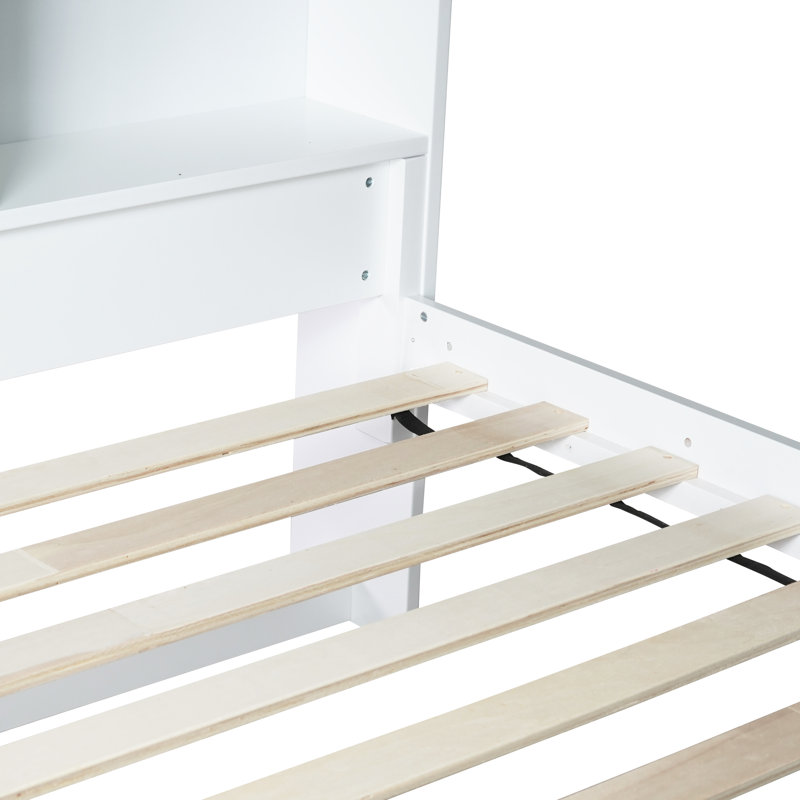 Lit superposé simple au-dessus de simple avec tablettes, lit en bois d'hévéa avec tête de lit à tablettes, barrières de sécurité et échelle, convertible en 2 lits