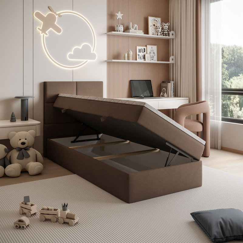 Upholstered Bed with Mattress, 90cm W x 200cm L, Light brown