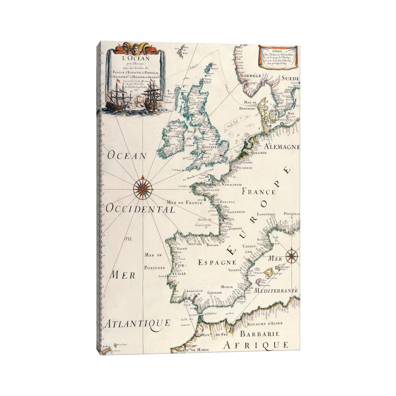 Antique West Europe Map - Wrapped Canvas Painting, 30.48 cm H x 45.72 cm W