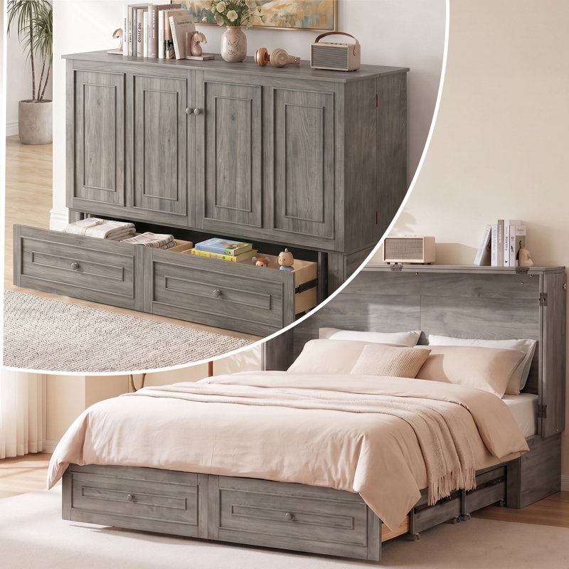 Lit armoire convertible avec tiroirs de rangement, gris clair, Light Grey