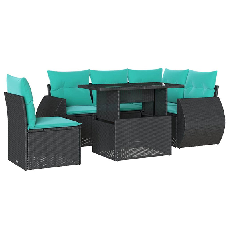 Ensemble de canapé de patio 6 pièces avec coussins en rotin de polyester, Bleu clair, Noir