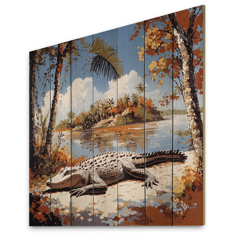 Gator Bask of Crocodile - impression de bois vert moderne sur bois de pin naturel, H 25 po x l 25 po
