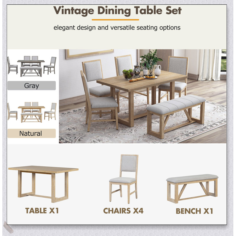 Ensemble de table de salle à manger 6 pièces 6 pièces avec table en bois de 60 pouces, 4 chaises et banc, base en tréteaux pour une salle à manger élégante et fonctionnelle