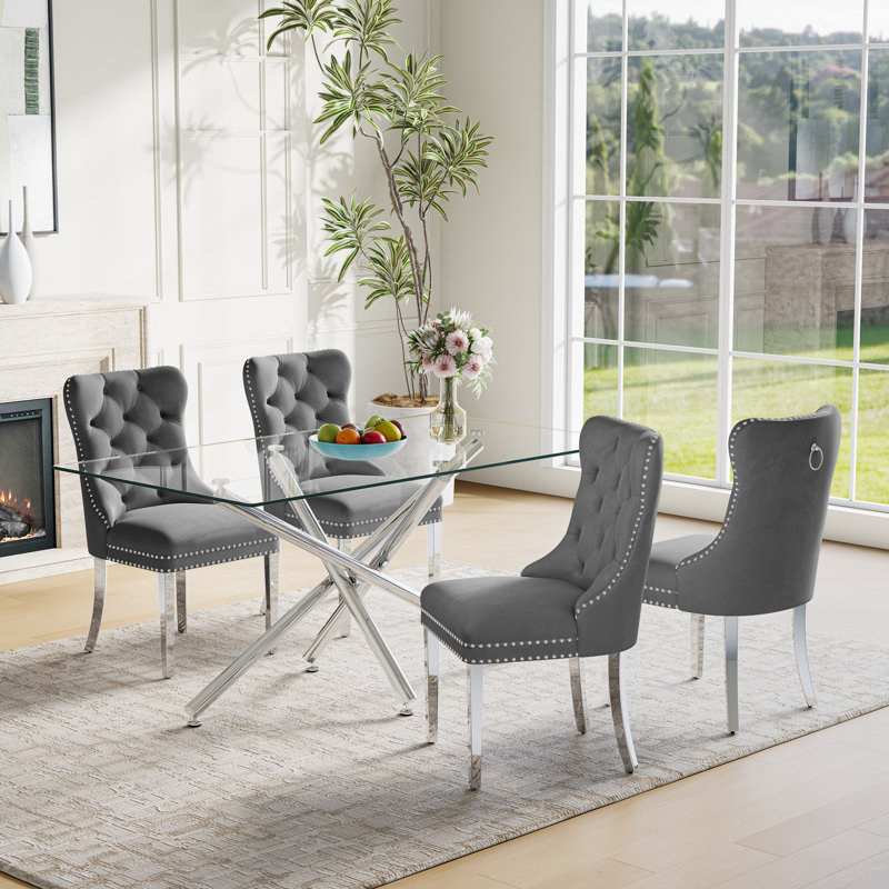 5-Piece Modern Dining Set – Rectangular Glass Table With Mirrored Metal Base & 4 Velvet Upholstered Chairs, Silver/Gray