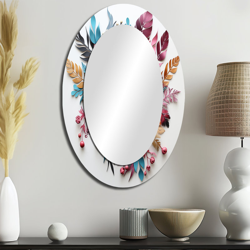 Bouquet de fleurs bohème en bleu et rose - Miroir mural moderne ovale, 36 po x 24 po