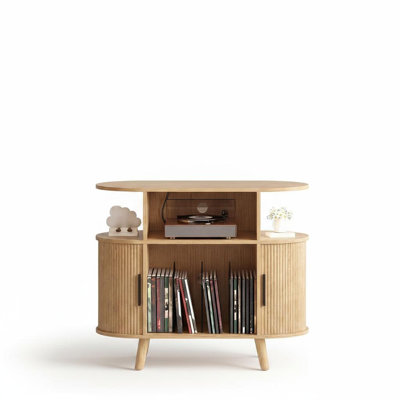 Grande armoire tourne-disque ronde cannelée - Table stéréo moderne de style Mid-Century - Station de charge, ports USB, tablette de présentation, rangement spacieux en vinyle - pour le salon, norme américaine noire