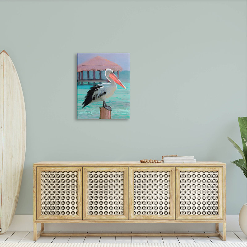 Pélican perché tropical par Ziwei Li - peinture sur toile tendue, H 30 po x l 24 po x P 1,5 po