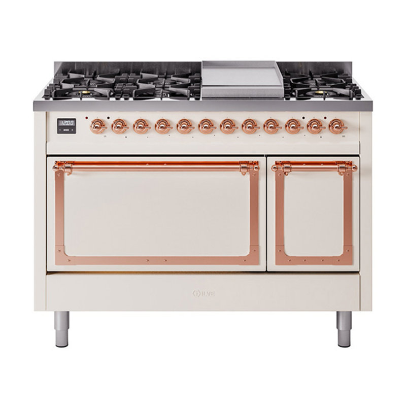 ILVE Nostalgie II Noblesse 48 in Dual Fuel Range, 8 Burner, Griddle, Natural Gas, Antique White/Copper