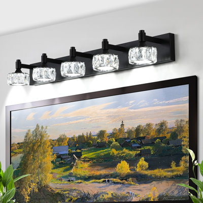 5- Applique de salle de bain à DEL noire mate avec verre cristal pour lampe de coiffeuse moderne Ambiance, abat-jour