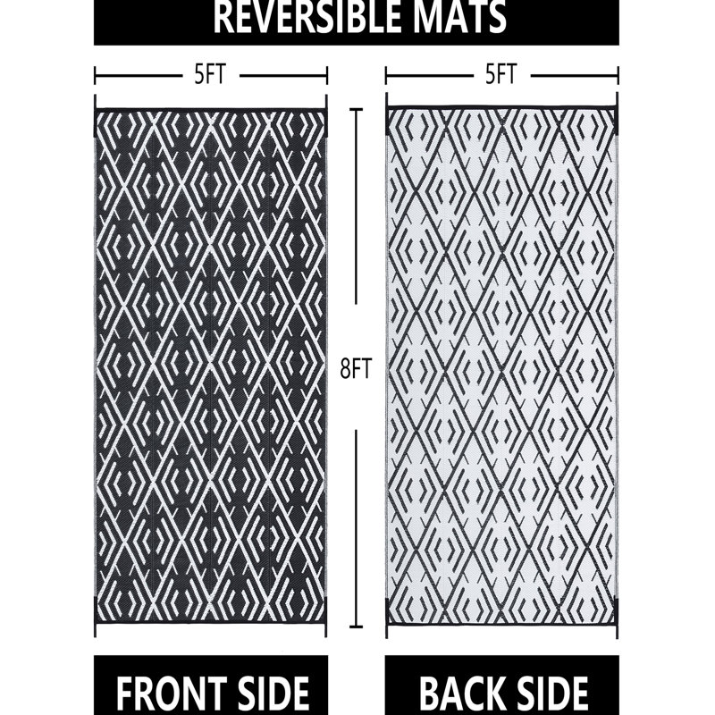 Tapis d'extérieur à motif géométrique moderne réversible, Rectangulaire 8 pi x 10 pi, Noir blanc