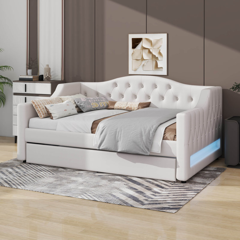 Lit de jour avec couchette et DEL, structure de lit de jour rembourrée en lin avec dossier capitonné, Double XL, Beige