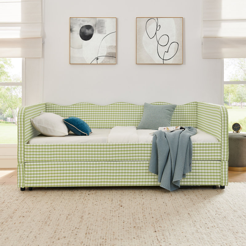 Canapé-lit convertible polyvalent 3-en-1 avec couchette coulissante et poches de rangement latérales Gingham, Double, Vert