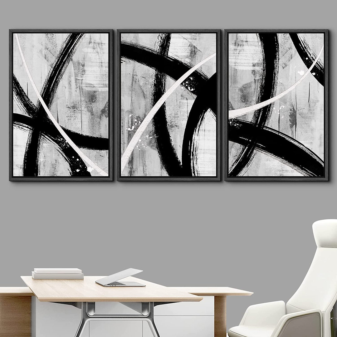 BAW " IDEA4WALL Framed Canvas Print Wall Art Set Black Gray White Geometric Paint Strokes Abstract Shapes Illustrations Modern Art Decorative Contemporary For Living Room, Bedroom, Office " 3 - Pieces IDEA4WALL Frame 