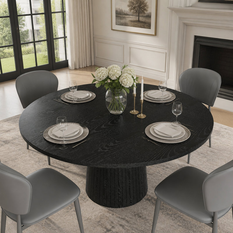 Table de salle à manger ronde en panneau de fibres à densité moyenne pour 4 personnes, table de cuisine de style campagne moderne avec base en bois, table ronde au fini noir pour la cuisine et le salon