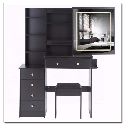 Meuble-lavabo moyen 37 po avec miroir à DEL coulissant, centrale électrique, tabouret et support pour sèche-cheveux