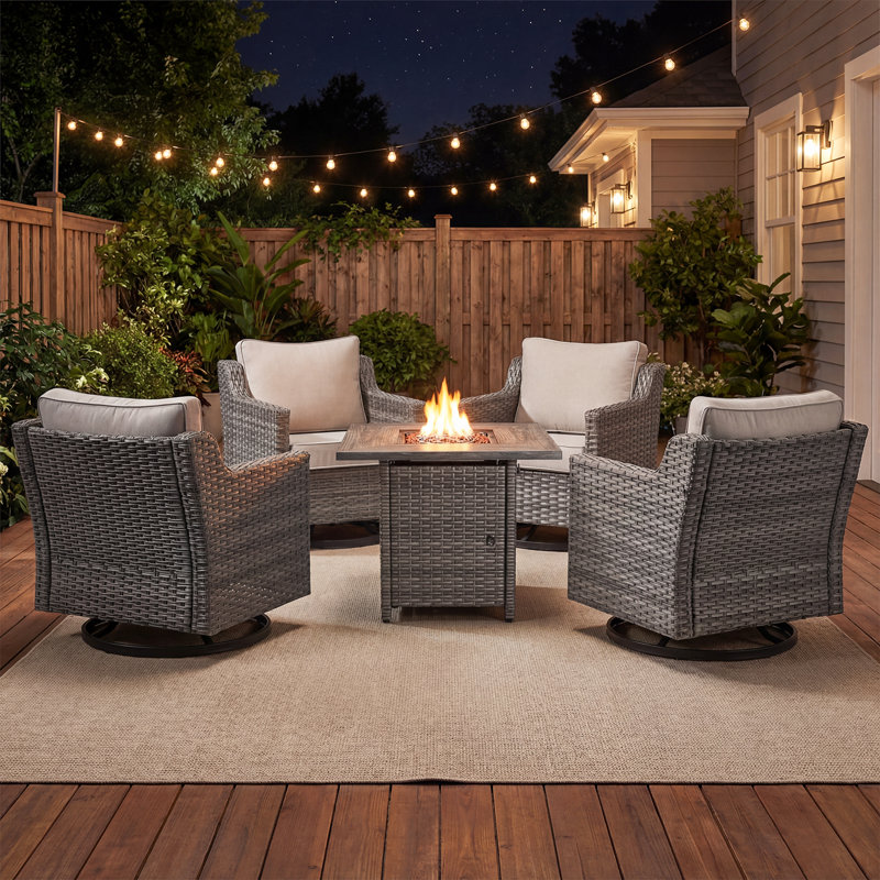 Arlene 5-Piece Outdoor Wicker Swivel Chair Conversation Set With Rectangular Fire Pit, Beige