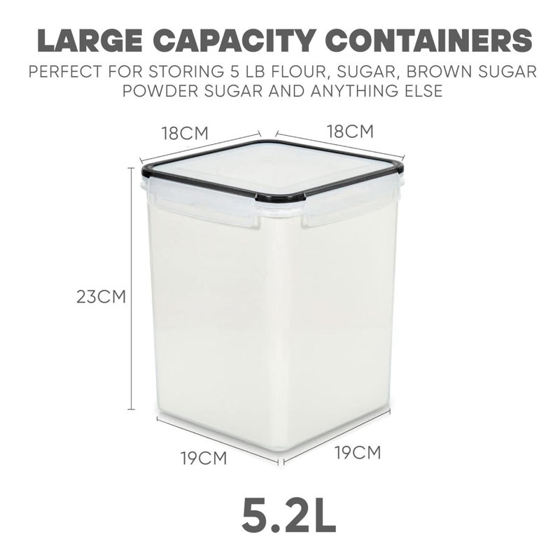 4Pc 5.2L Food Storage Containers With Airtight Lids, Stackable Pantry Organizers 100% Leak-Proof Ideal For Flour, Sugar, Rice, And Dry Foods Includes Labels & Marker