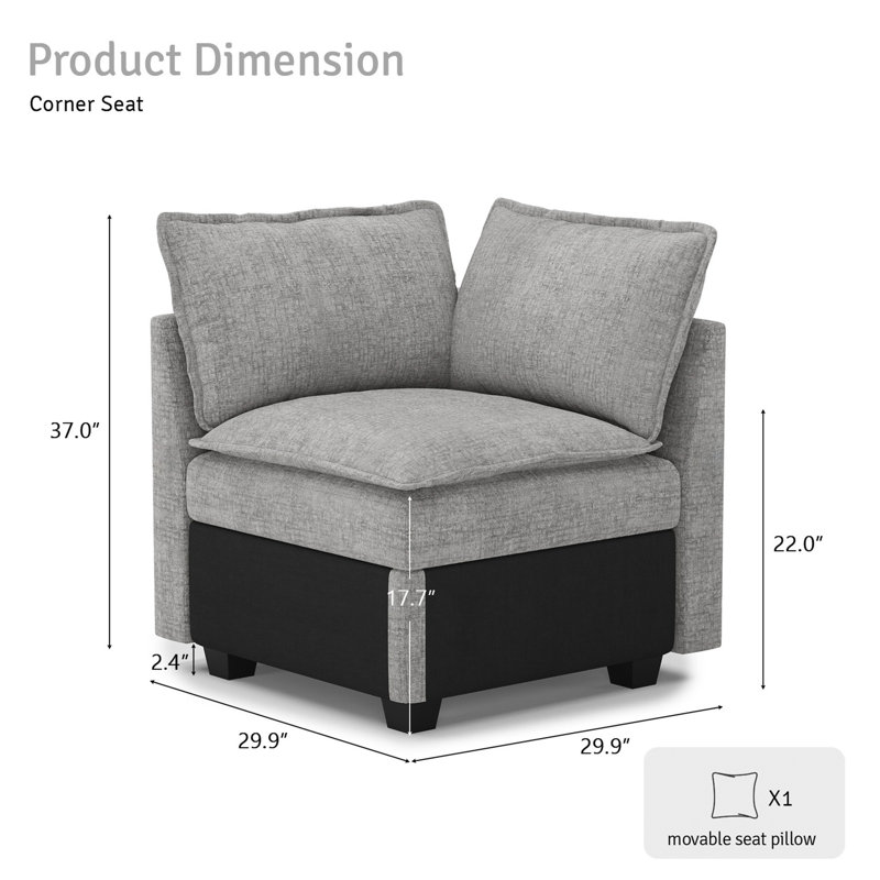 Luna Chenille Armless Corner Seat Chair For Sectional Sofa, Gray Chenille