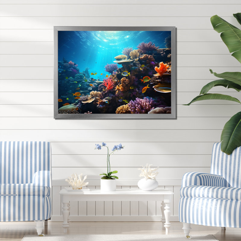 Coral Seascape IV, reproduction d'art sur toile, Cadre simple argenté, H 30 po x l 40 po x P 1,5 po