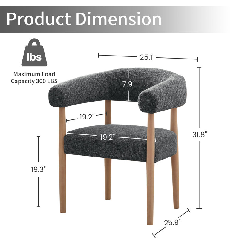 Upholstered Side Dining Armchair With Solid Wood Legs, Black