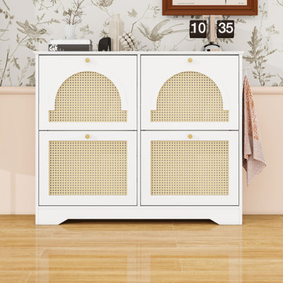 Mid-Century Modern Shoe Cabinet With 4 Flip-Up Drawers & Rattan Doors – Freestanding Entryway Storage Organizer With 2 Hooks, Narrow Hallway Shoe Rack For Small Spaces