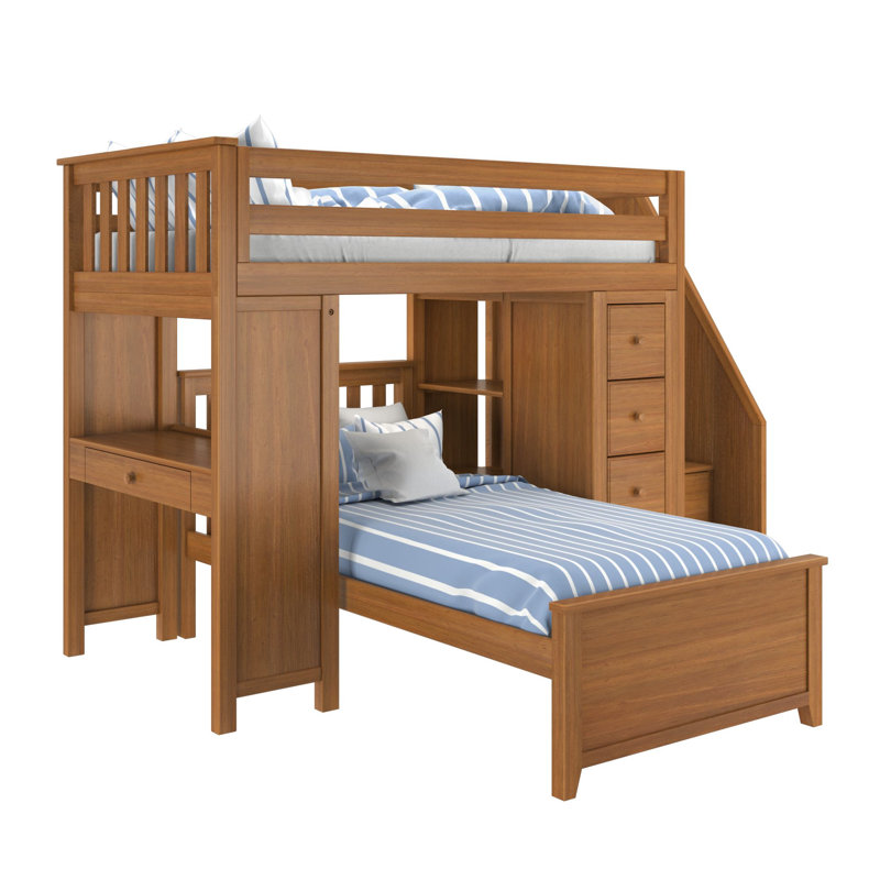 Brit Twin Over Twin 8 Drawers Solid Wood L- Shaped Bunk Beds with Bookcase, Pecan
