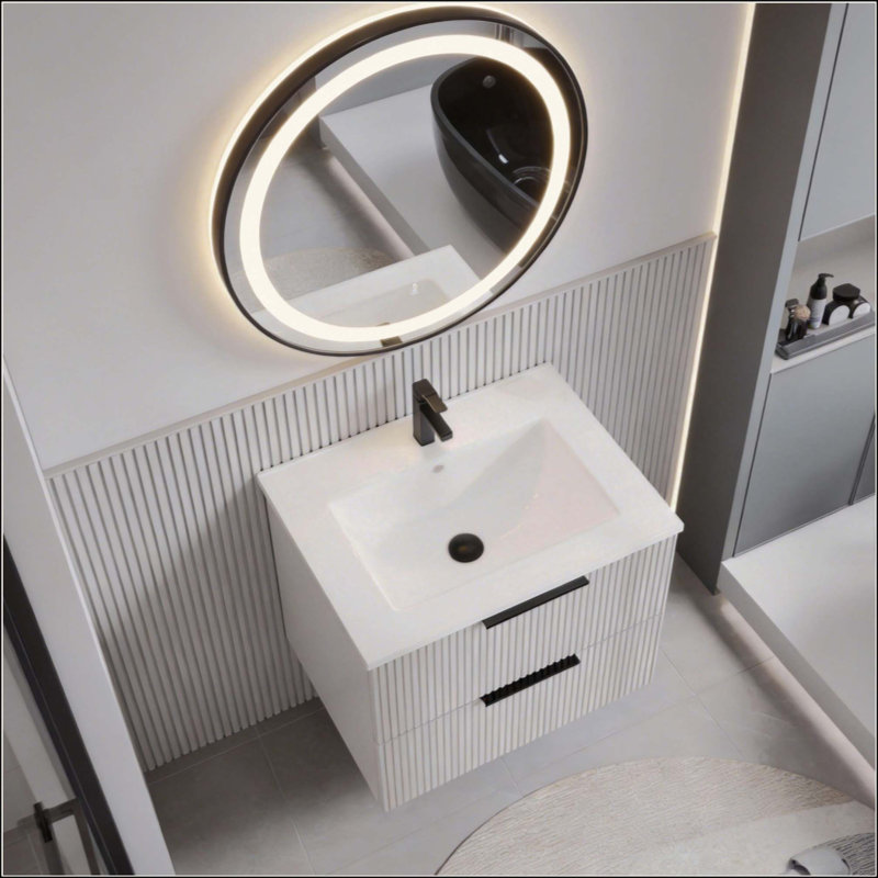 Meuble-lavabo de salle de bain avec lavabo en céramique - Meuble-lavabo mural flottant cannelé avec tiroirs, moderne, Grey