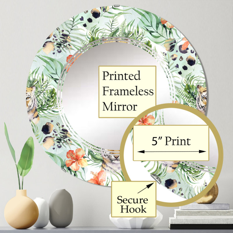 Motif de tigre avec tigres et feuilles tropicales - Miroir mural à motif rond, 24 po x 24 po