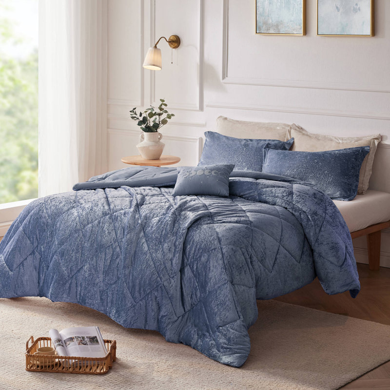 Ensemble d'édredon en velours 4 pièces Felicia, Édredon double / grand + 2 taies décoratives sta, Bleu