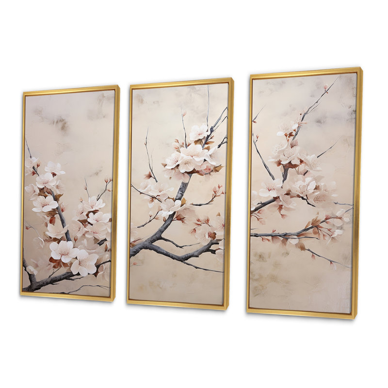 Minimalisme gris et blanc Cherry Blossom - ensemble d'art mural sur toile Cherry Blossom, Cadre flottant doré