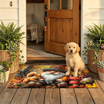 Tapis de porte antidérapant intérieur/extérieur, 40 x 60 cm, motif nain, écureuil et champignon