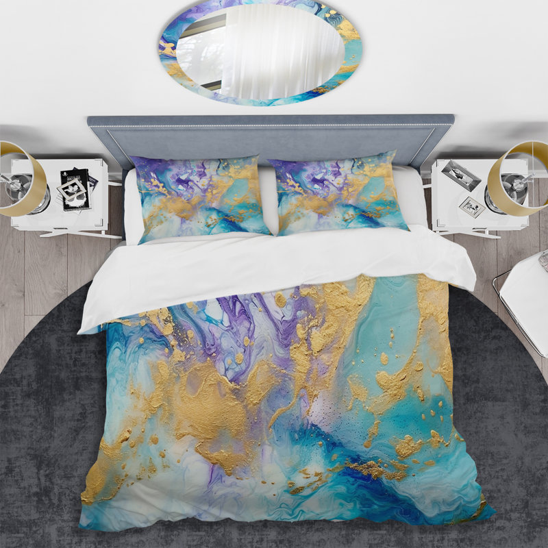 Ensemble de housse de couette en microfibre / polyester turquoise et mauve liquide Art IV