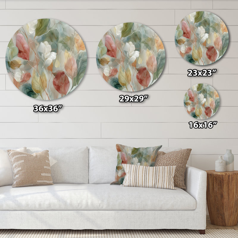 Douces feuilles en aquarelle brumeuse - Plantes, décoration murale ronde en métal, L 16 po x H 16 po