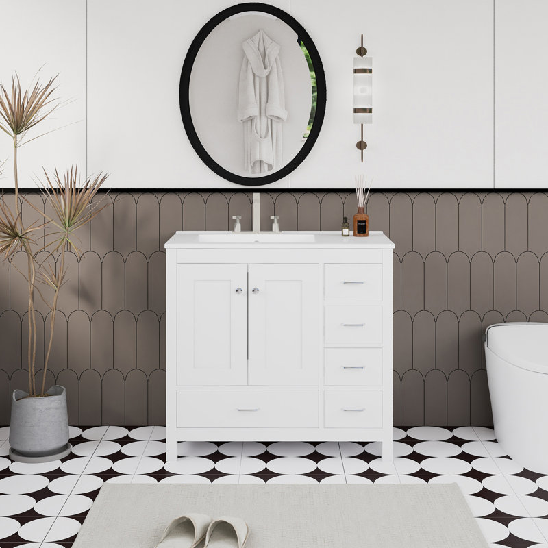 Ensemble de meuble-lavabo autoportant 36 po avec comptoir en céramique 36 po, Blanc, Argent argent