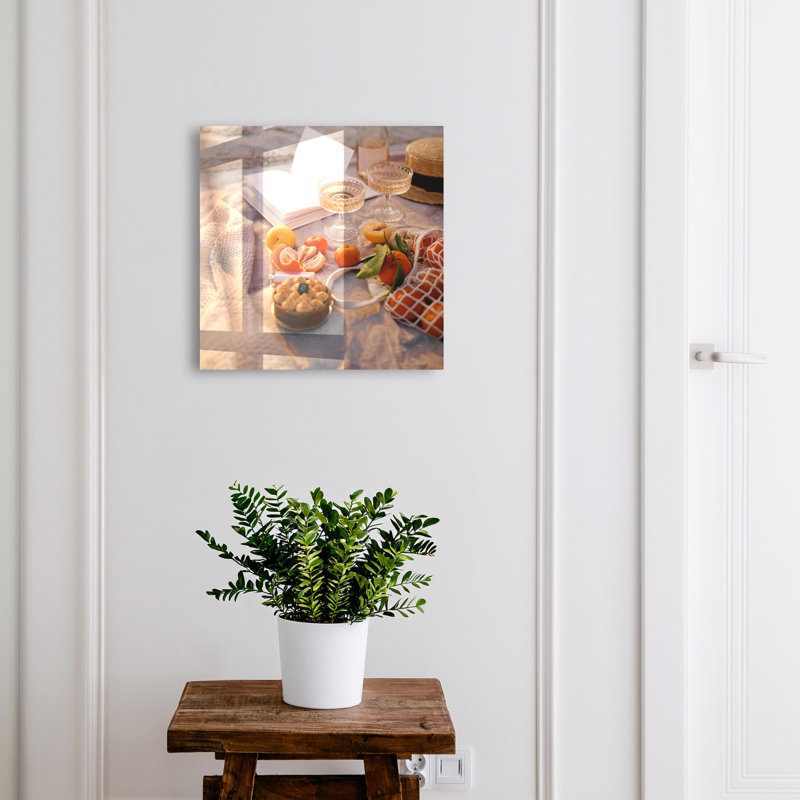 Decorative key box for wall, Opens to the left, 30x30x5, Black, Picnic with fruit and a book, 