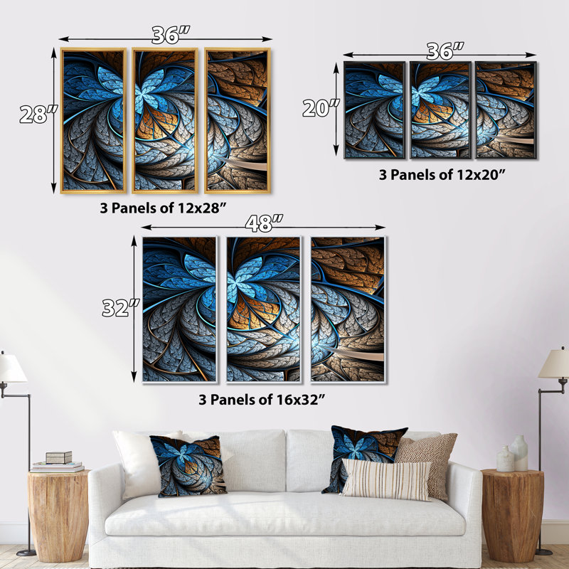 Motif de fleur bleue et bleue fractale - ensemble de 3 toiles encadrées florales, H 32 po x l 48 po x P 1 po, Cadre noir