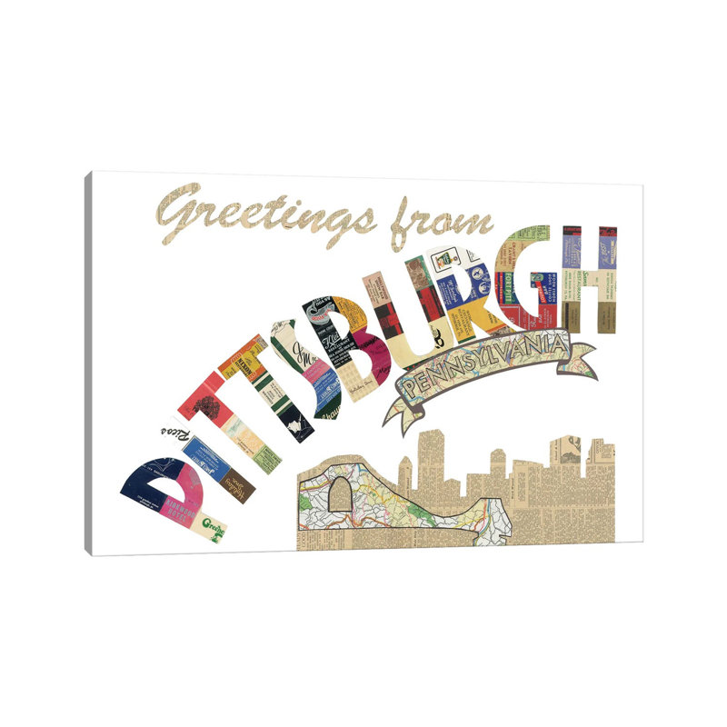 «Greetings From Pittsburgh» par Paper Cutz - Art textuel sur toile tendue, H 12 po x l 18 po x 1,5 po
